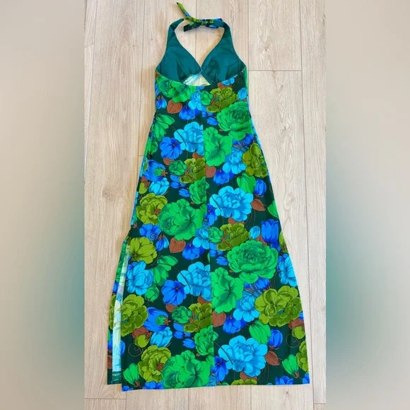 Vintage 70’s Blue Floral Halter Neck Handmade Maxi Dress Groovy Hippie Festival - Picture 2 of 10